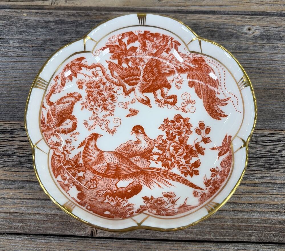 Royal Crown Derby RED AVES Round Mini Plate Trinket Dish 4.5” Birds Tudor Rose